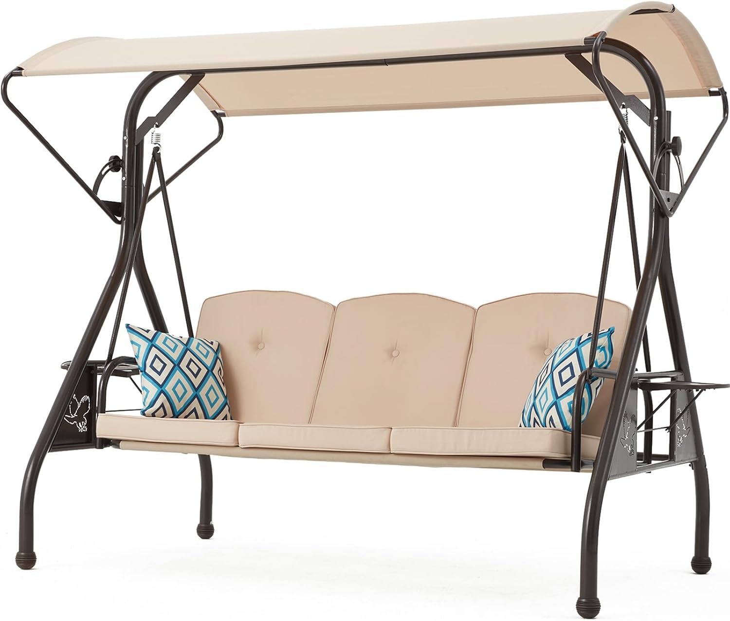 ZZW 800LBS Patio Swing with Canopy 3 Seat Outdoor Porch Swing with Stand w/Cup Holder & Pillow Glider Chair Swing Bed for Patio Backyard Poolside (Khaki)