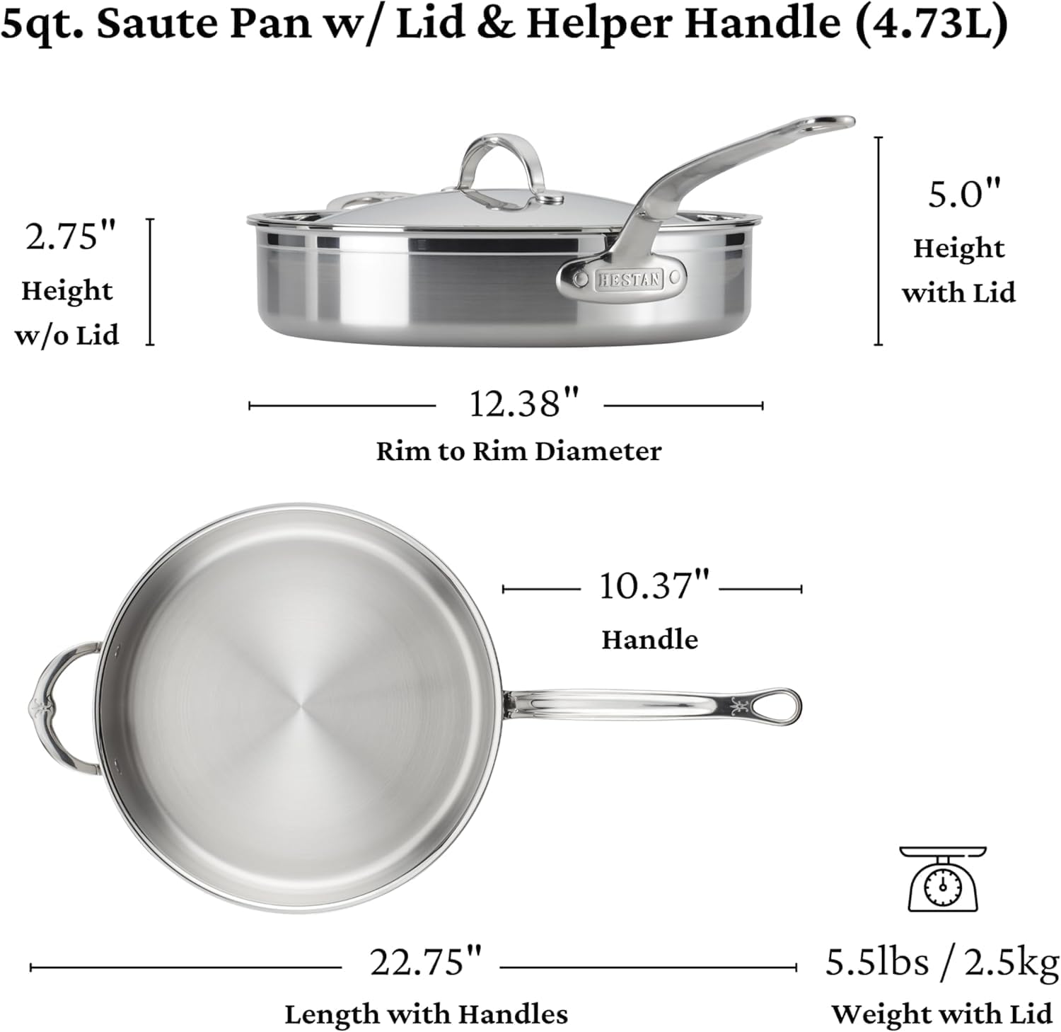 Hestan ProBond Forged - Professional Clad Stainless Steel Sauté Pan, 5 Quart, with Helper Handle, Induction Compatible