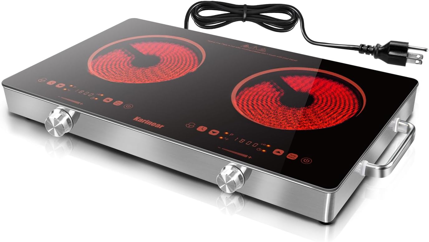 Karinear 2 Burner Electric Cooktop 110V, Portable Electric Stove with Handle, Knob Control Electri Hot Plate, Ceramic Countertop Burner, Timer, Safety Lock, 9 Power Level, 2000W, 24 inch(Gold)