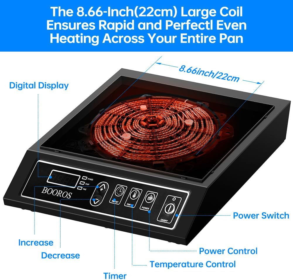BOOROS Portable Induction Cooktop 1800W Induction Hot Plates for Countertop,8.66-Inch Dual Heating Coils,10 Temperature Levels 175-520°F (80-270°C),24-Hour Timer,Key Touch,Easy to Clean,Black,110V