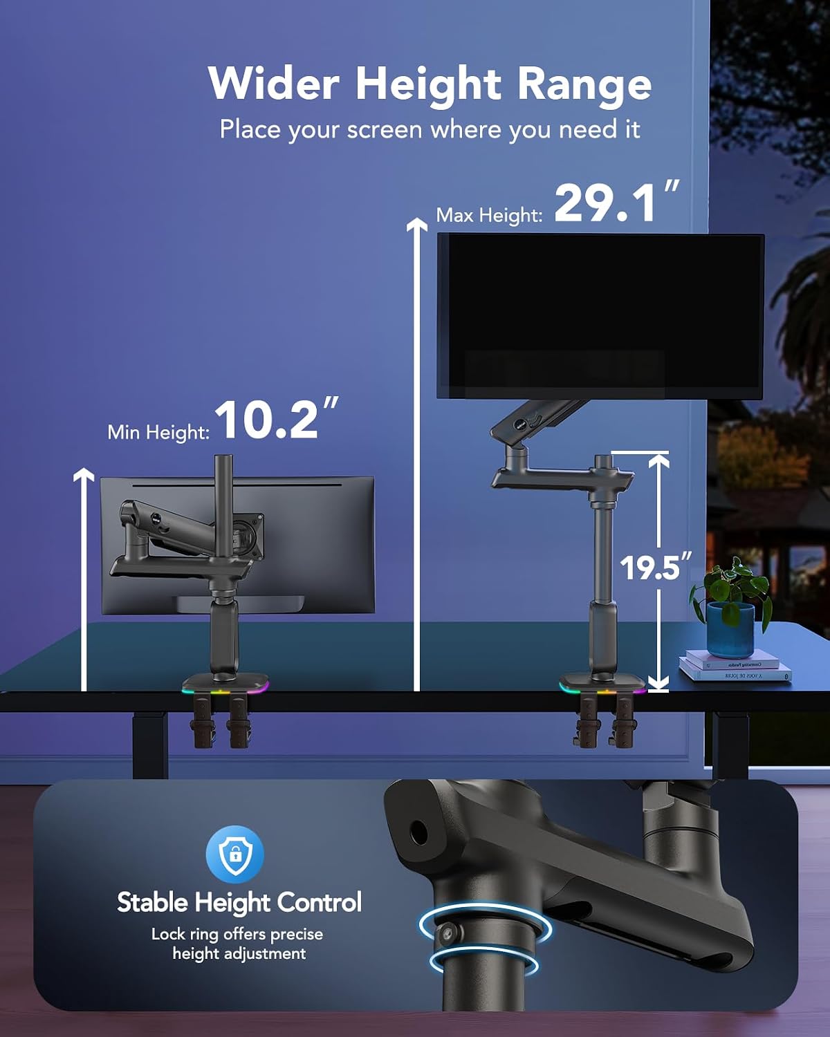 HUANUO RGB Heavy Duty Monitor Arm for Ultrawide Screens up to 57', Holds 44 lbs, Tall Ultrawide Monitor Stand with 29.1' Max Height, Fully Adjustable Single Computer Desk Mount, Max VESA 100x100mm