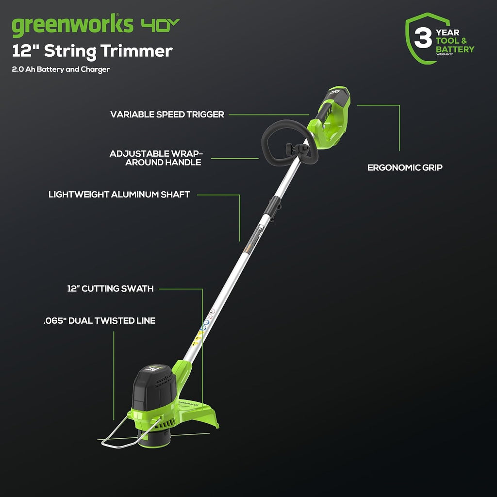 Greenworks 40V Cordless Yard Tool Combo Kit with 2.0Ah Battery & Charger – 12' Auto Feed String Trimmer and 390 CFM Leaf Blower, Lightweight Design