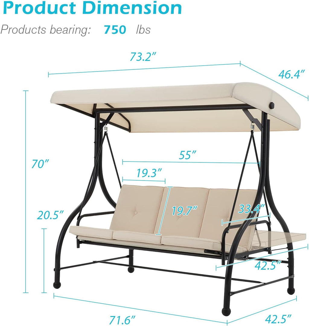 AECOJOY Porch Swing Chair, 3 Seats Porch Swing Adjustable Canopy Outdoor Swing with Stand Patio Swing Bed with Removable Beige Cushions