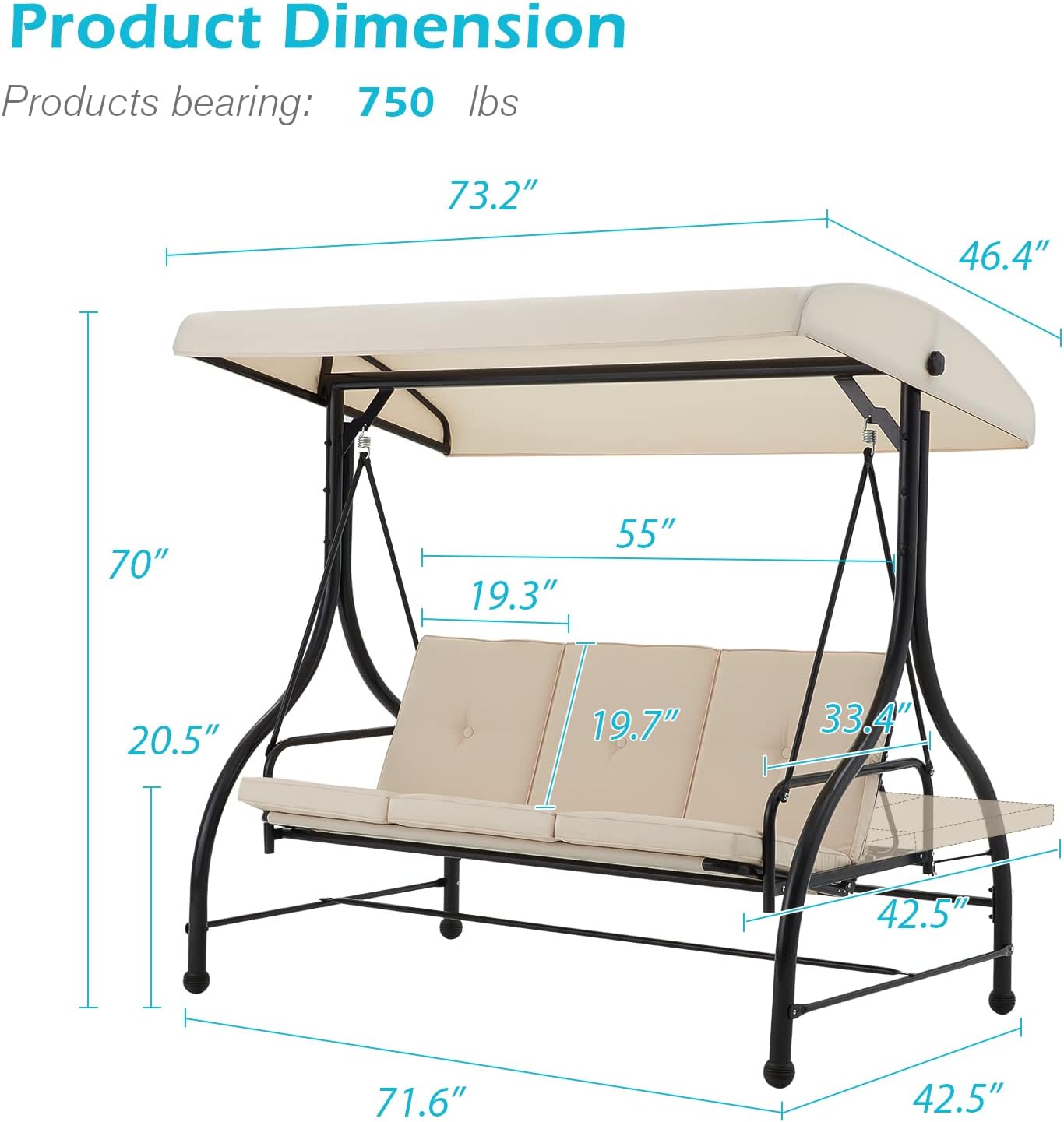 AECOJOY Porch Swing Chair, 3 Seats Porch Swing Adjustable Canopy Outdoor Swing with Stand Patio Swing Bed with Removable Beige Cushions