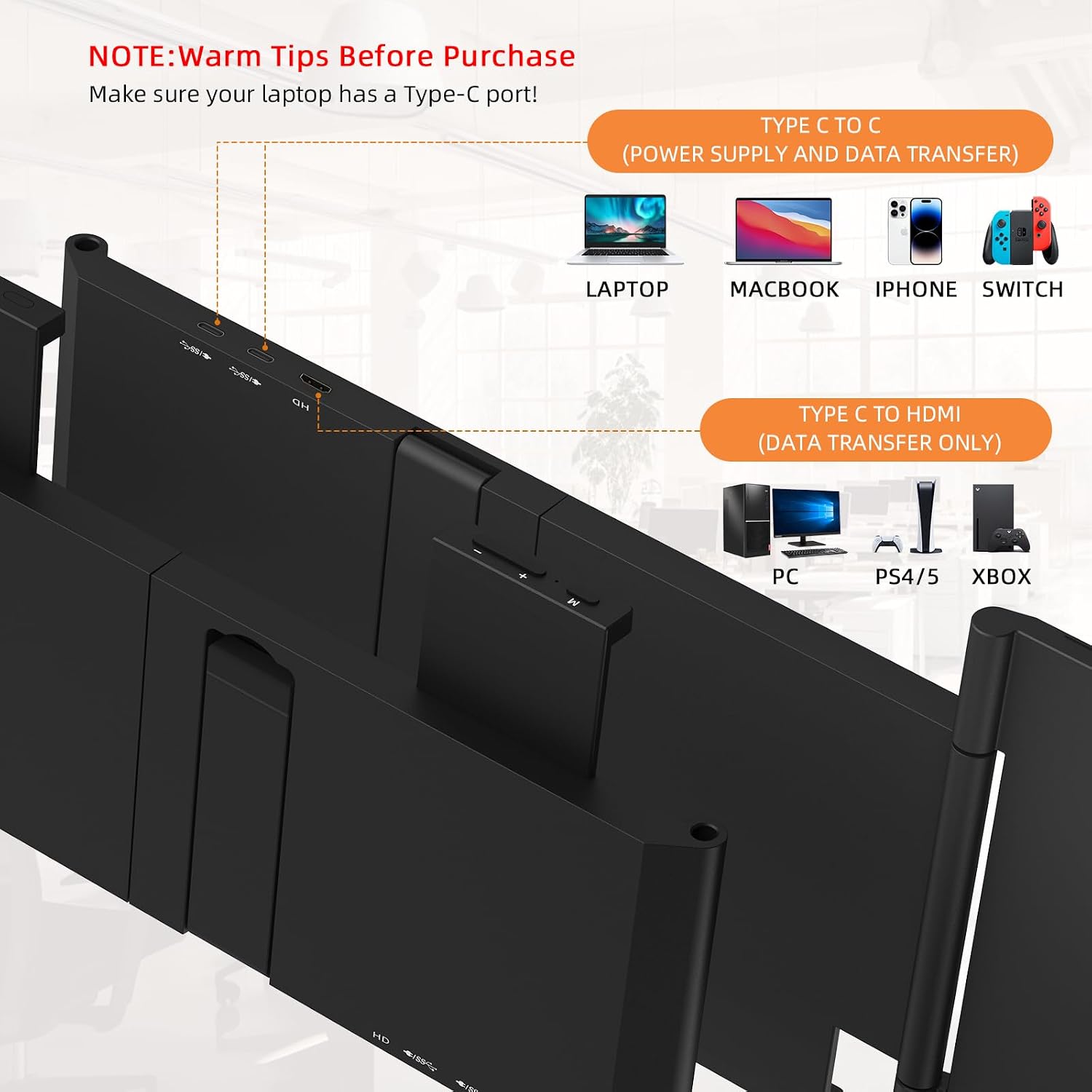 Laptop Screen Extender, 14' FHD IPS 1080P Portable Monitor for Laptop Mini HDMI/Type-C PC Display Extender Fits 14'-16.5' Laptops,Plug & Play for Windows/Mac/Android/Switch/PS5