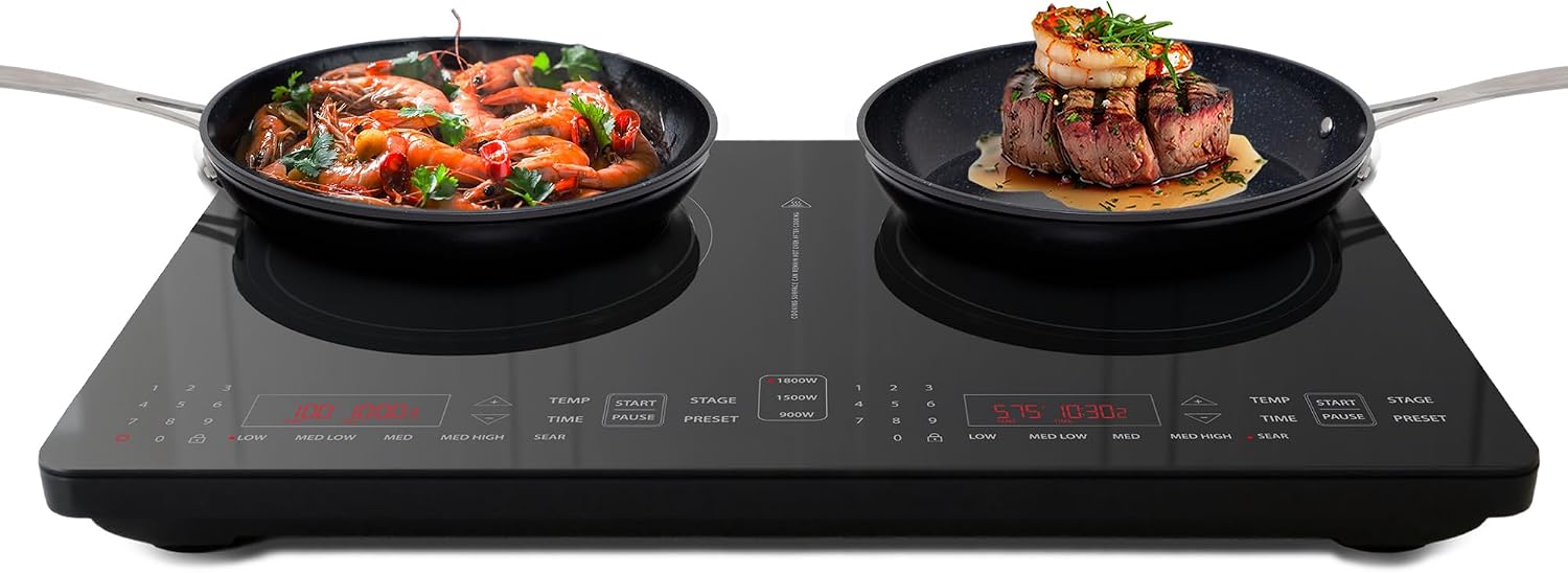 Nuwave Double Pro Cooktop Induction Countertop Burner, Portable, 900/1500/1800W with Dynamic Watt Technology, 50°F to 575°F, 8' Heating Coil, Shatter-Proof Ceramic Glass, Seamless IMD Touch Panel