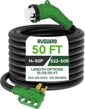 RVGUARD 50 Amp 50 Foot RV Power Cord with 135 Degree, 14-50P to SS2-50R Generator Extension Cord, Heavy Duty STW Cord with LED Power Indicator, Green, ETL Listed