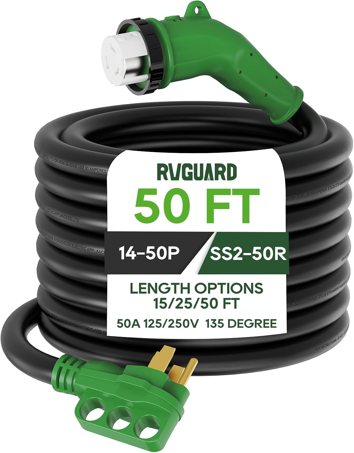 RVGUARD 50 Amp 50 Foot RV Power Cord with 135 Degree, 14-50P to SS2-50R Generator Extension Cord, Heavy Duty STW Cord with LED Power Indicator, Green, ETL Listed