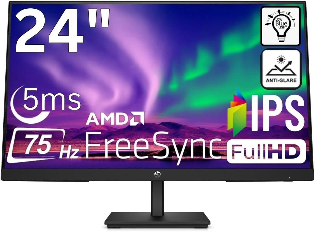 HP V24i G5 24 Inch Computer PC Monitor Full HD IPS 60Hz Refresh Rate 5ms Response Time 250 Nits Brightness AMD FreeSync Anti-Glare Low Blue Light, HDMI DisplayPort, Black (Renewed)