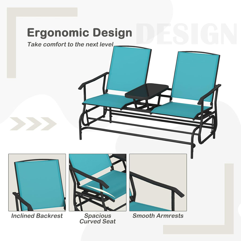 Tangkula 2 Person Swing Glider Chair, Patio Rocking Loveseat w/Center Tempered Glass Table, Outdoor Swing Bench w/Steel Frame & Breathable Mesh Fabric for Porch, Balcony, Poolside (Turquoise)