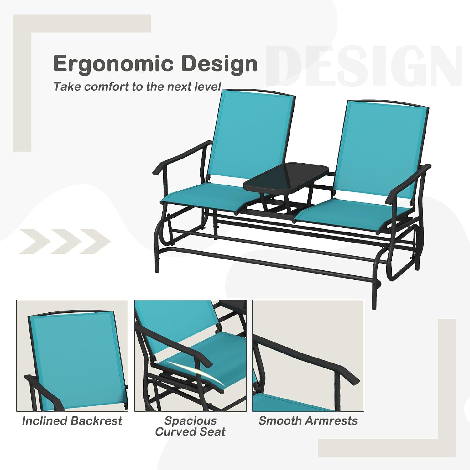Tangkula 2 Person Swing Glider Chair, Patio Rocking Loveseat w/Center Tempered Glass Table, Outdoor Swing Bench w/Steel Frame & Breathable Mesh Fabric for Porch, Balcony, Poolside (Turquoise)