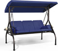 Betterland 3-Seat Patio Swing Chair, Outdoor Porch Swing with Cushions,Pillows & Cup Holders, Adjustable Canopy Outside Bench Swing for Porch，Backyard,Garden(Blue)