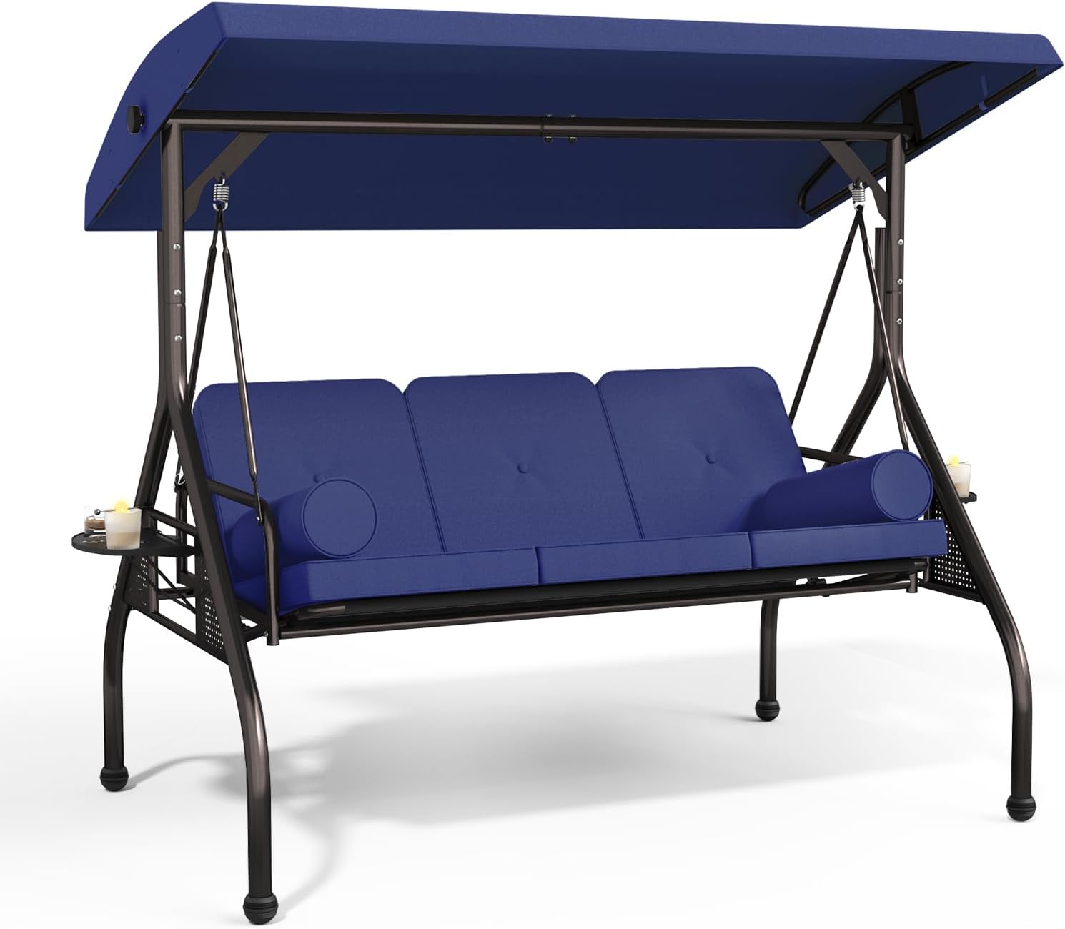 Betterland 3-Seat Patio Swing Chair, Outdoor Porch Swing with Cushions,Pillows & Cup Holders, Adjustable Canopy Outside Bench Swing for Porch，Backyard,Garden(Blue)