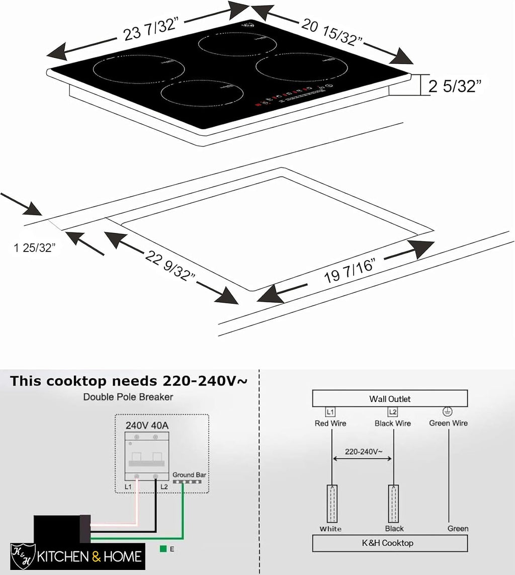 K&H 4 Burner Induction Cooktop - 24 Inch Built-In Electric Cermic Stove Top - 17 Heating Levels, 240V, 6000W High-Power Built-in Electric Stove Top - Child Lock, Timer & Touch Control - IN24-6004
