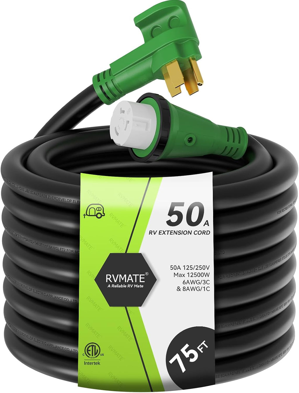 RVMATE 50 Amp 75 Feet RV/Generator Lockable Power Extension Cord, Easy Plug in Handle, 14-50P to SS 2-50R with LED Indicator, ETL Listed