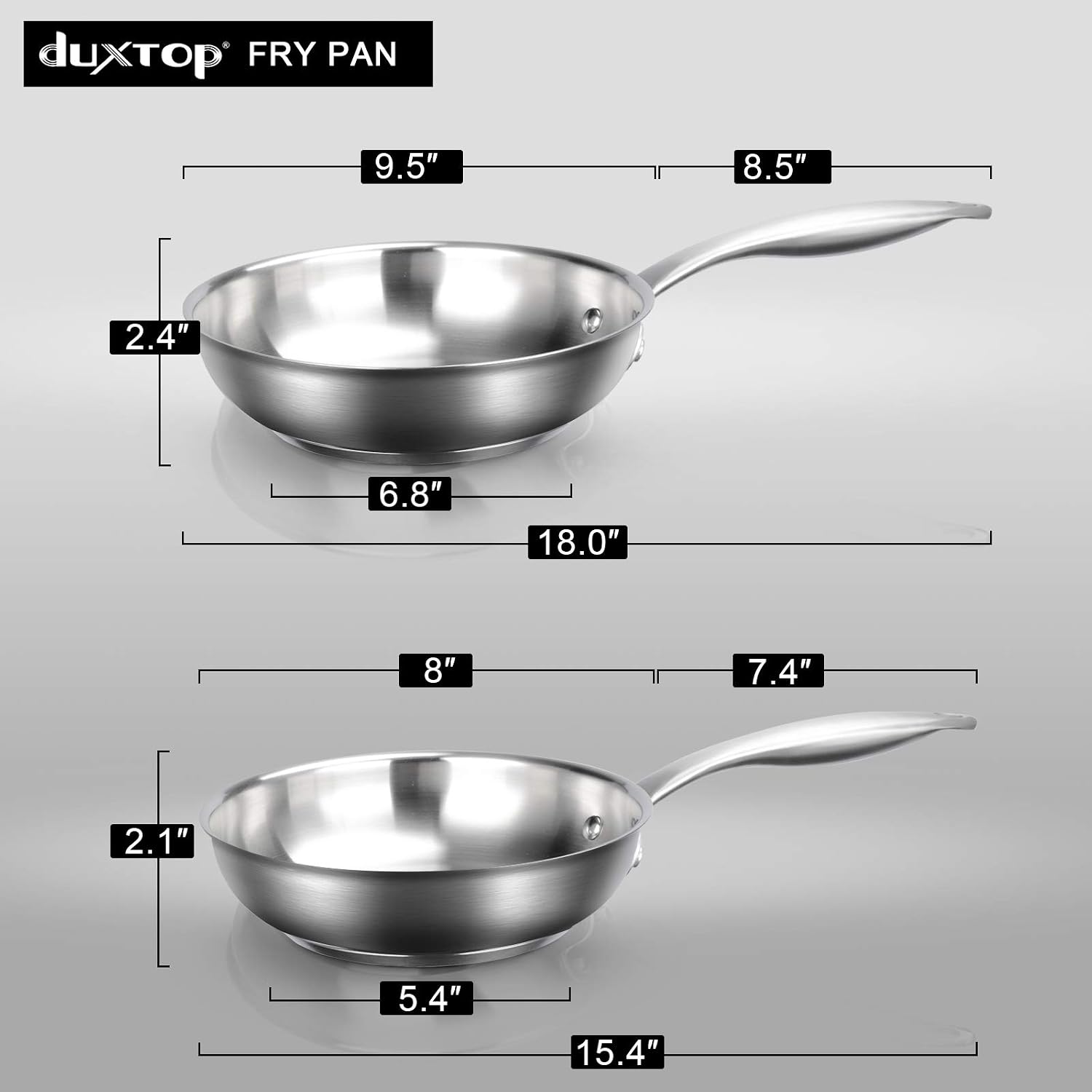 duxtop Tri-ply Stainless Steel Frying Pan with Stay-Cool Handle, Professional 8 inch Fry Pan with Induction Magnetic Bottom, Healthy Small Skillet, Dishwasher and Oven Safe | (Pack of 4)
