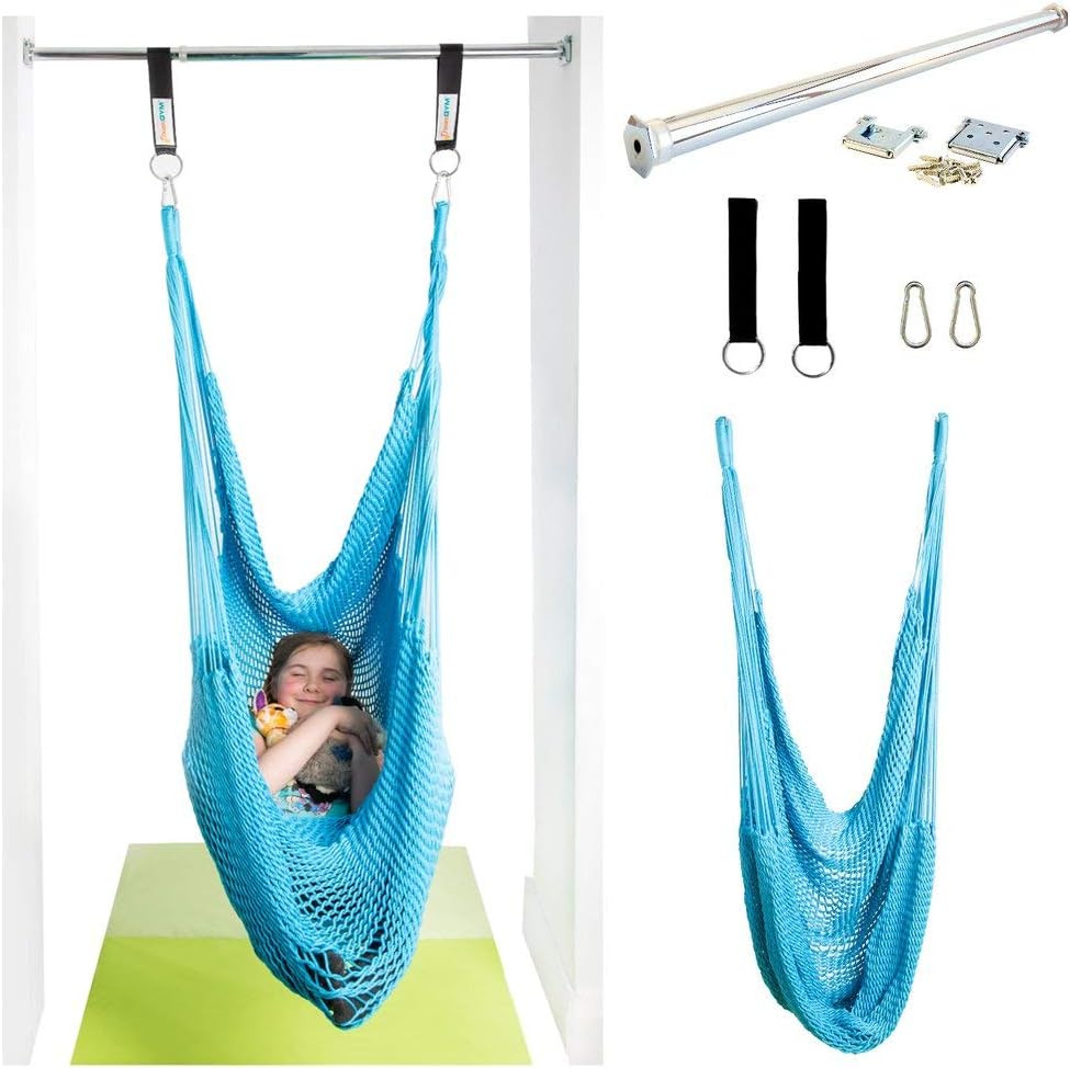 DreamGYM Doorway Hammock Swing - Hammock Chair with Stand in Door Frame- Sensory Swing for Adults and Children - Sky Blue