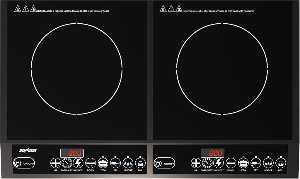 Commercial Double Burner Electric Induction Cooktop, 1000W+800W Dual Induction Hot Plate, 8 Power & 8 Temp Setting, Professional Countertop Burner Stove with Timer, LED Screen, Black