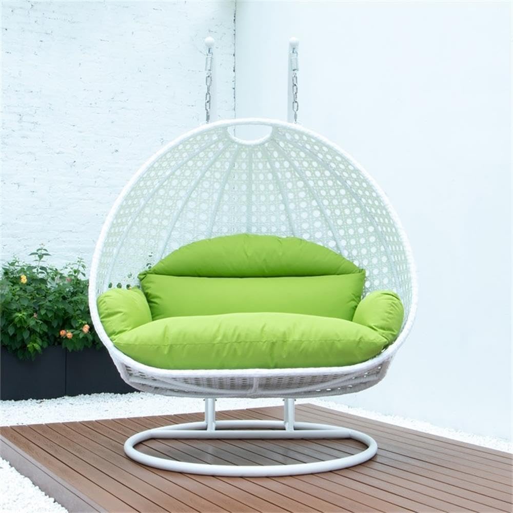 LeisureMod 2 Person Hanging Egg Chair, Indoor Outdoor Patio Lounge Swing with White Stand & UV-Resistant Cushions, Hammock Chair for Bedroom & Garden, Light Green