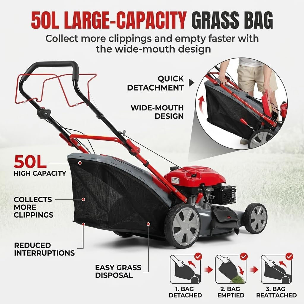 173cc 20' Gas Lawn Mower, Self-Propelled Lawn Mowers with 18' Cutting Width, Adjustable Cutting Height 25-75mm & 60L Grass Catcher, Push Mower for Large Yards and Uneven Ground Red