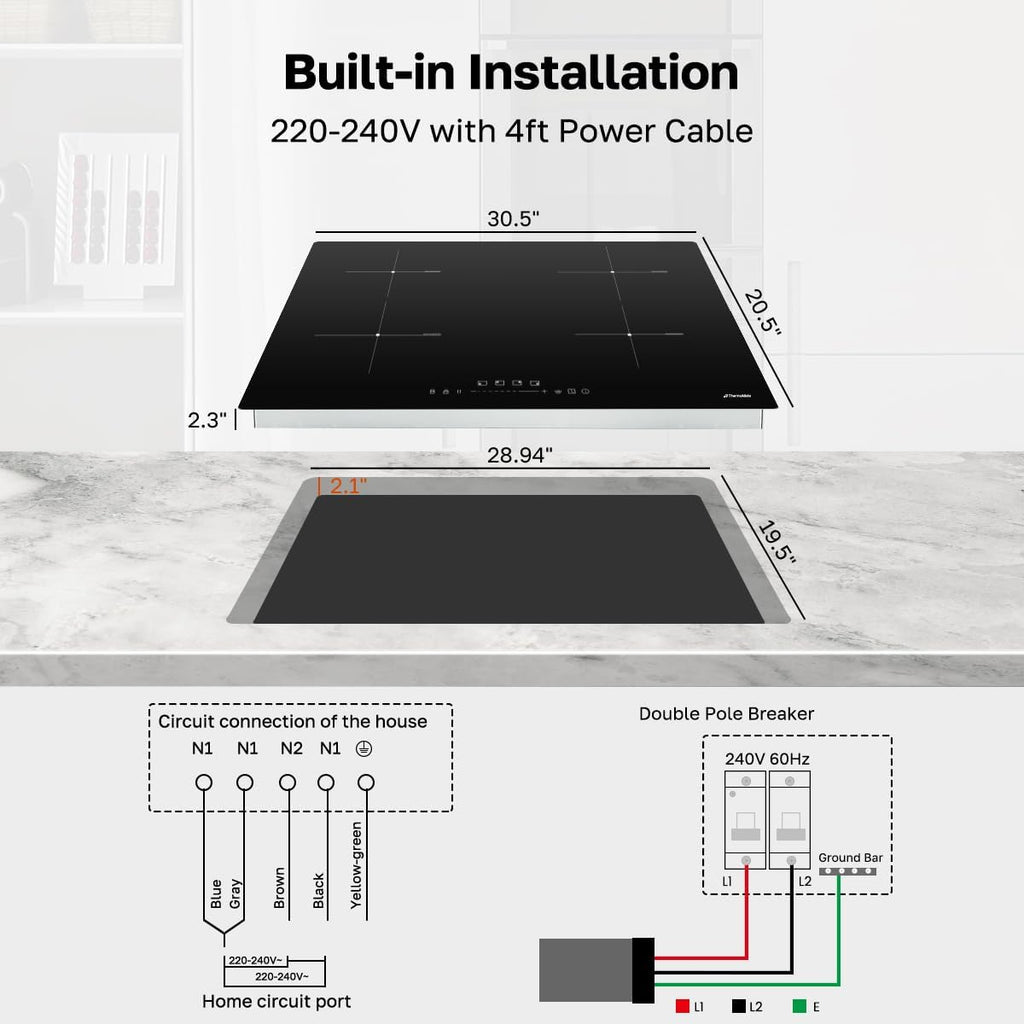 ThermoMate 30 Inch Induction Cooktop, 7200W Built in Induction Stove Top, Electric Cooktop with 4 Boost Burner, 9 Heating Level, Timer & Child Safety Lock, Sensor Touch Control, 240V