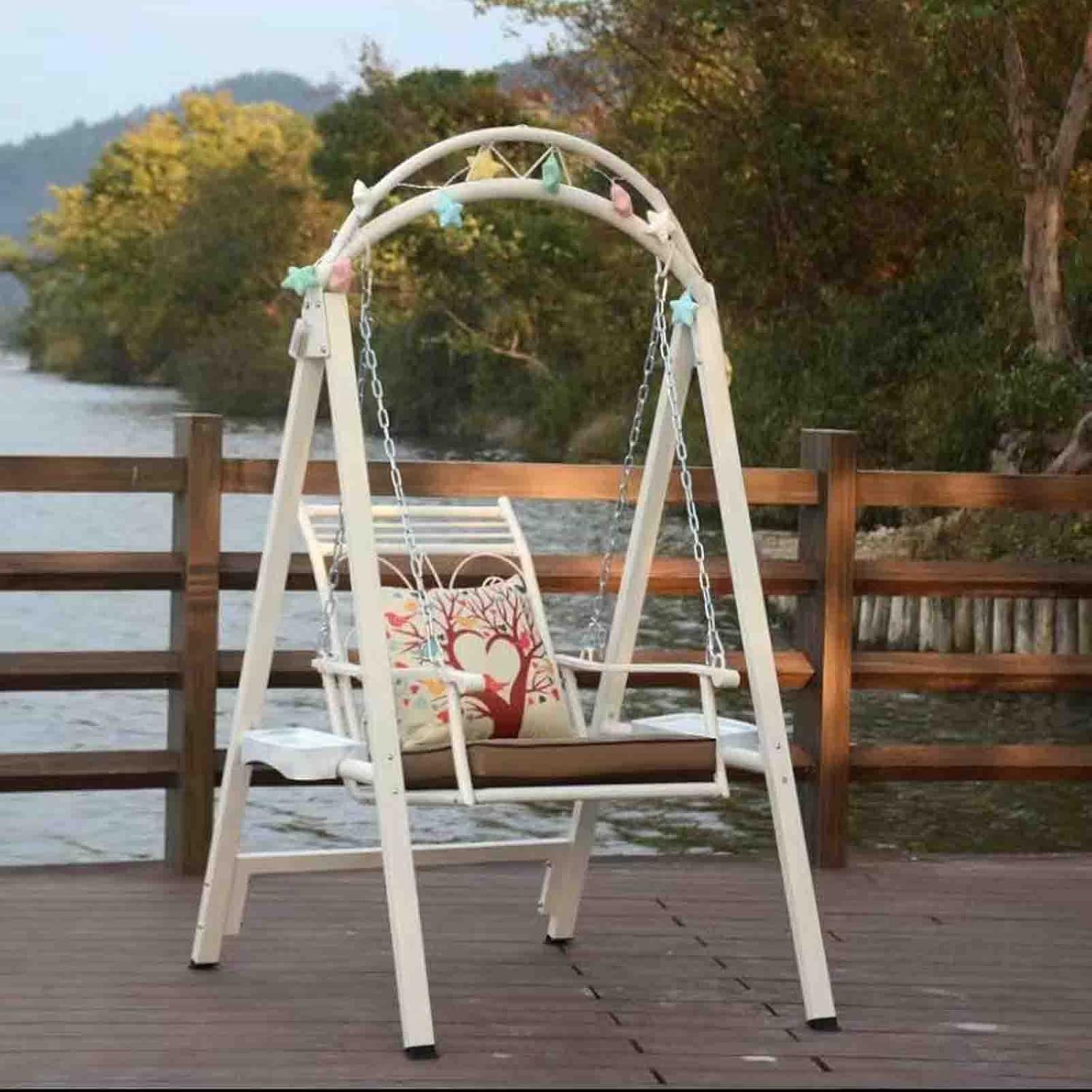 Indoor Adult Rocking Chair Balcony Hanging Basket Hanging Chair Courtyard Garden Outdoor Single Wrought Iron Swing Chair Goos Gifts(Beige)