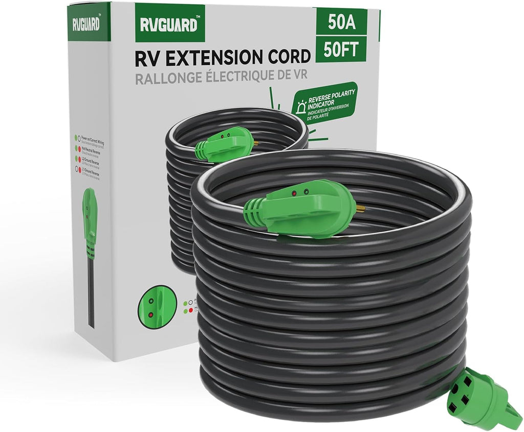 RVGUARD 50 Amp 50 Foot RV/EV Extension Cord with Reverse Polarity Indicator, NEMA 14-50P/R Heavy Duty Extension Cord with Cord Organizer, Green, ETL Listed