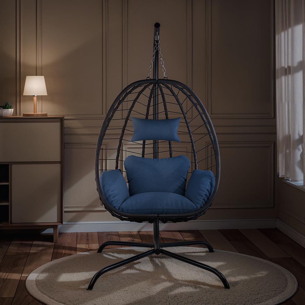 Kurapika Egg Swing Chair Indoor Outdoor Patio Wicker Rattan Hanging Egg Chair with Stand, Hammock Swing with Cushioned Headrest, 350LB Capacity for Bedroom, Balcony, Garden (Navy Blue)