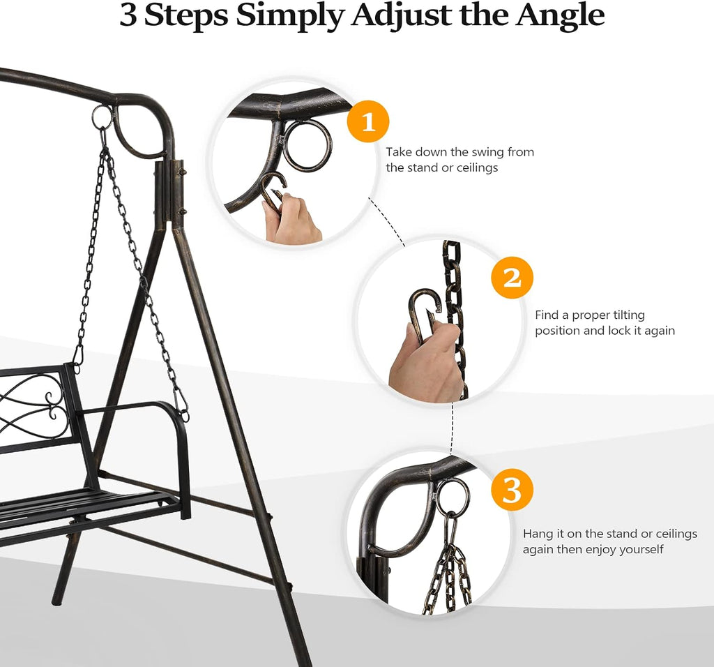 VINGLI Upgraded Metal Patio Porch Swing, 660 LBS Weight Capacity Steel Porch Swing Chair for Outdoors, Heavy Duty Swing Chair, Bench Swing for Gardens & Yards (Antique Bronze)