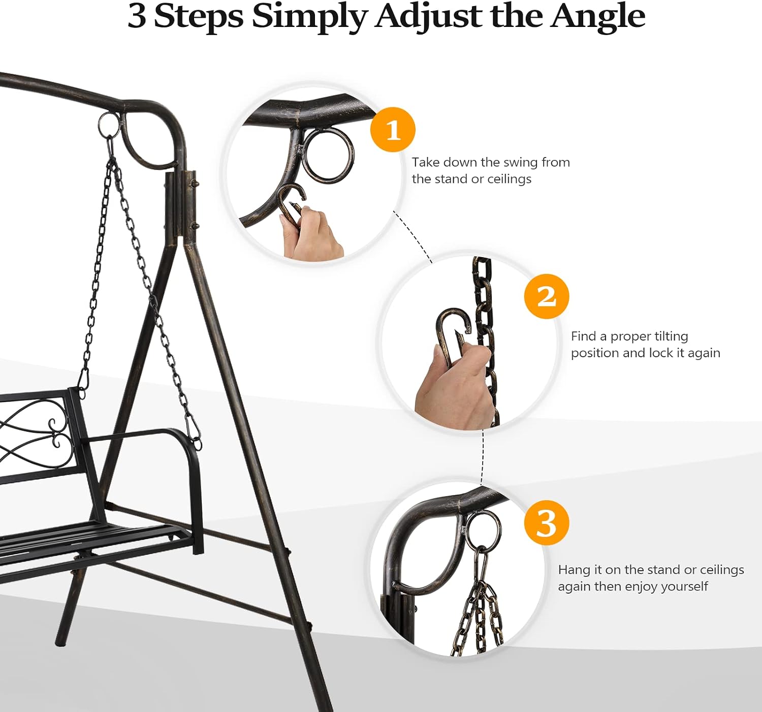 VINGLI Upgraded Metal Patio Porch Swing, 660 LBS Weight Capacity Steel Porch Swing Chair for Outdoors, Heavy Duty Swing Chair, Bench Swing for Gardens & Yards (Antique Bronze)