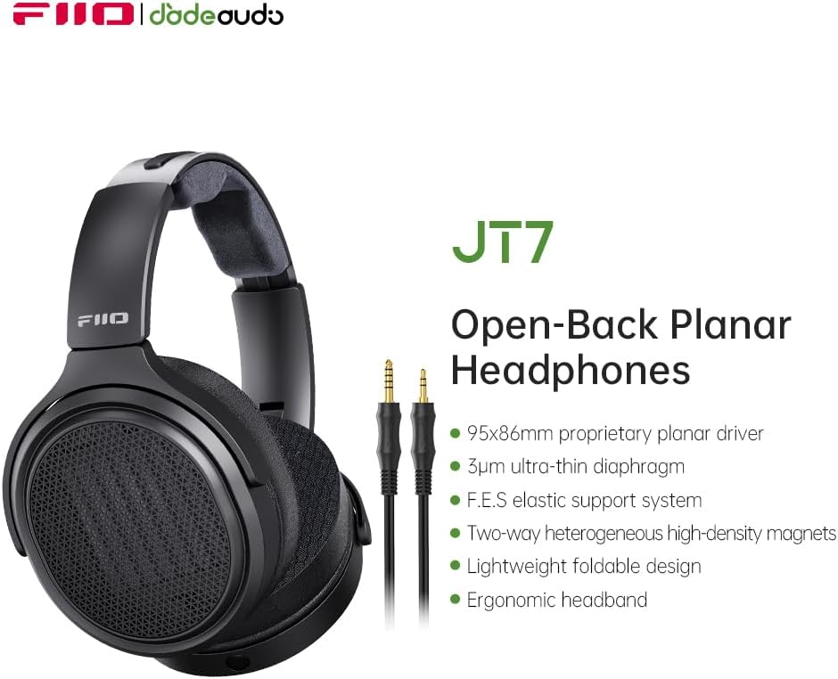 FiiO JT7 Over-Ear Planar Magnetic Headphones, 95x86mm Planar Driver, 3µm Ultra-Thin Diaphragm, Foldable Lightweight Design, Detachable 4.4mm/3.5mm Cable for Audiophiles (Black)