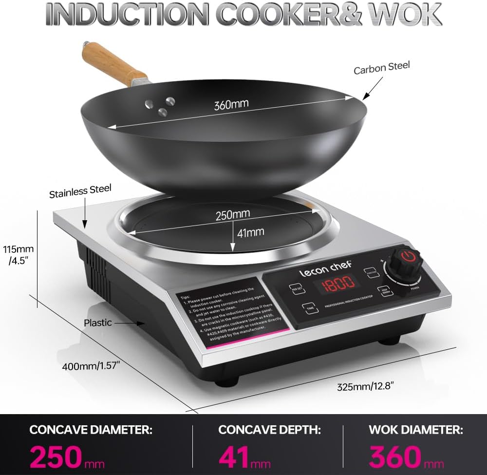 leconchef Induction Cooker with Wok 1800W Professional Electric Induction Burner with 11-Level Setting for Cooking,24-hour Timer and Preset,Keep warm,14' Carbon Steel Wok Included