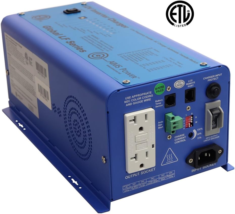 AIMS Power 600 Watt 12 VDC Pure Sine Inverter Charger 120 VAC Output 20A Charger 7A Transfer Switch ETL Cert to UL458 Standards PICOGLF6W12V120VETL