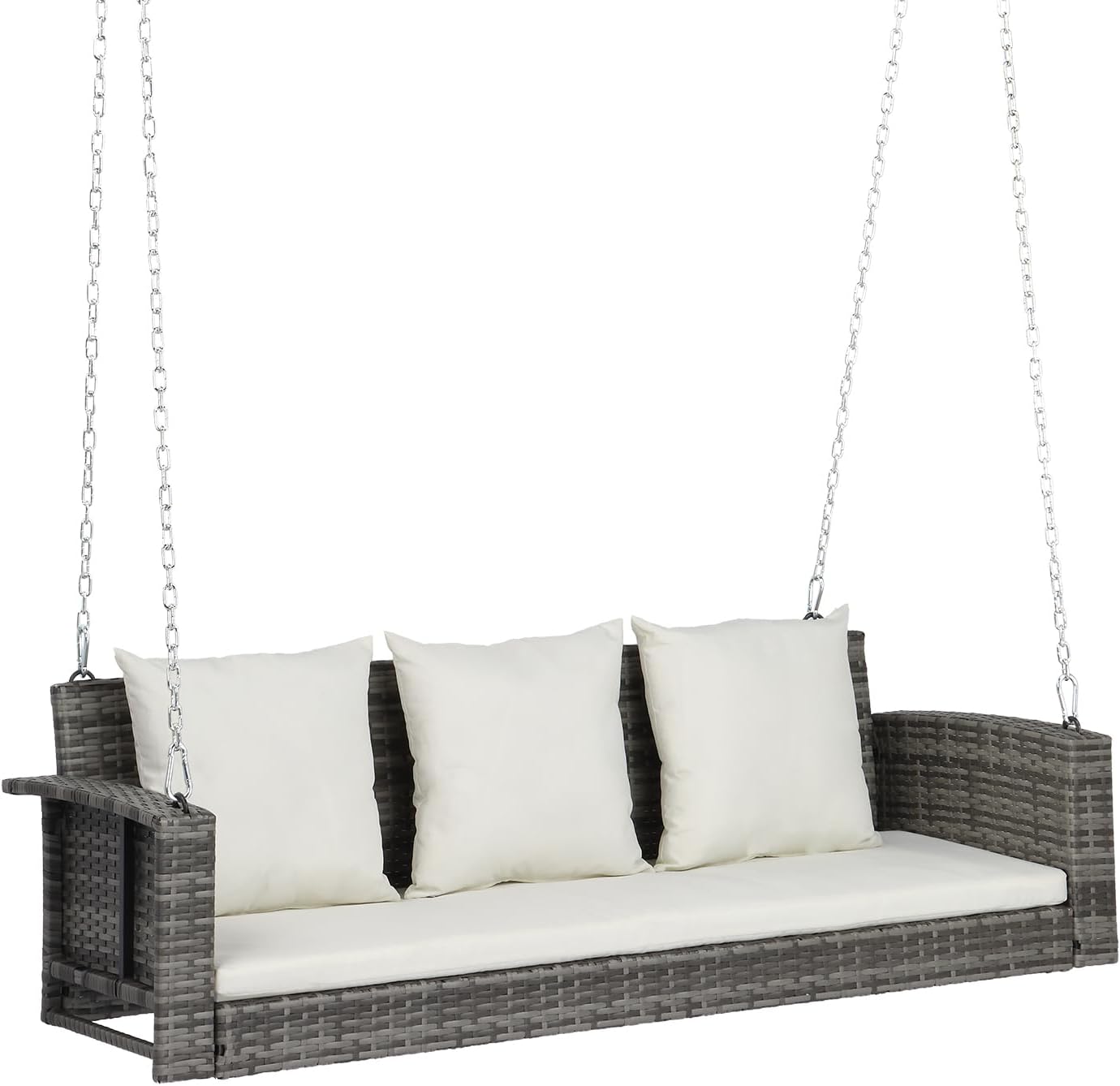VINGLI Rattan Porch Swing, Heavy Duty 800 LBS Outdoor Hanging Seat with Extra Cushion and Adjustable Chain, the Porch Swing Seat Made by Wicker Suits for Garden, Yard, Lawn (Grey, 5 FT)