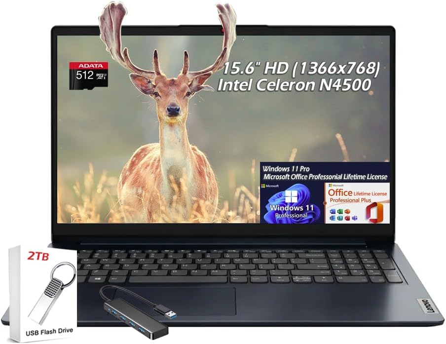 Lenovo Ideapad 1 15.6' HD Student Laptop, Intel Celeron N4500, 20GB DDR4, 128GB eMMC + 512GB Card, Win11Pro Office Lifetime License, WiFi6, Bluetooth, Abyss Blue, w/2TB USB Drive & USB Hub, W/GaLiMu