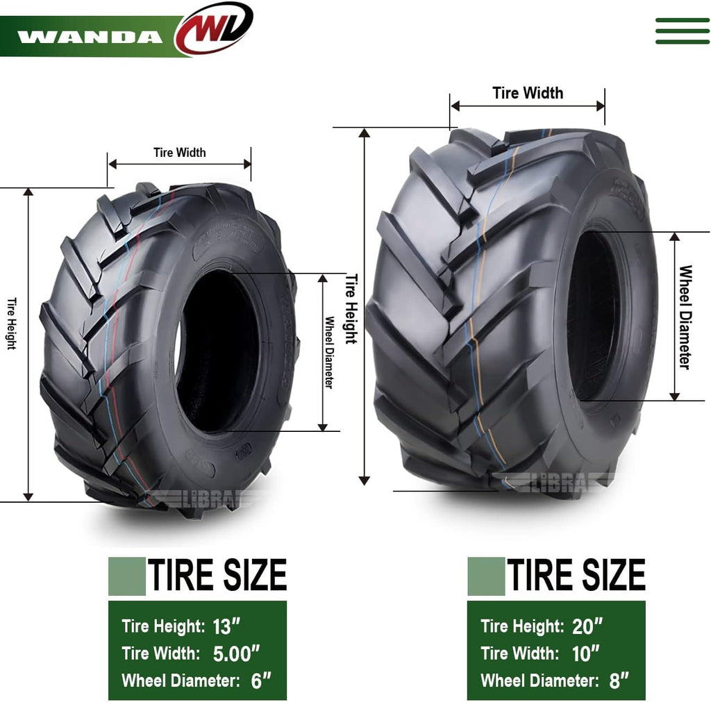 WANDA Set 4 13X5-6 & 20X10-8 Lawn Mower Agriculture Farm Tractor Tires Super Lug 4 Ply-13077/13071