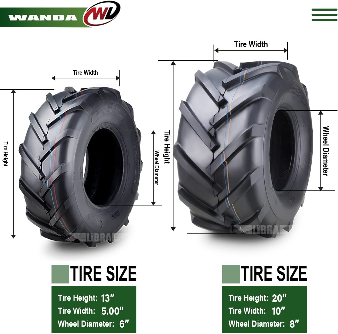 WANDA Set 4 13X5-6 & 20X10-8 Lawn Mower Agriculture Farm Tractor Tires Super Lug 4 Ply-13077/13071