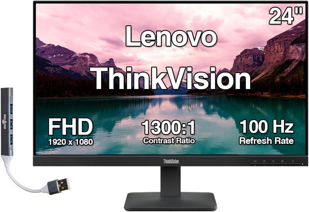 Lenovo ThinkVision 24' FHD IPS Monitor w/ 4ms Response Time, 100 Hz Refresh Rate, Flicker Free, Anti-Glare, VESA Mount (100mm), HDMI & DKZ USB Port Expander, Black