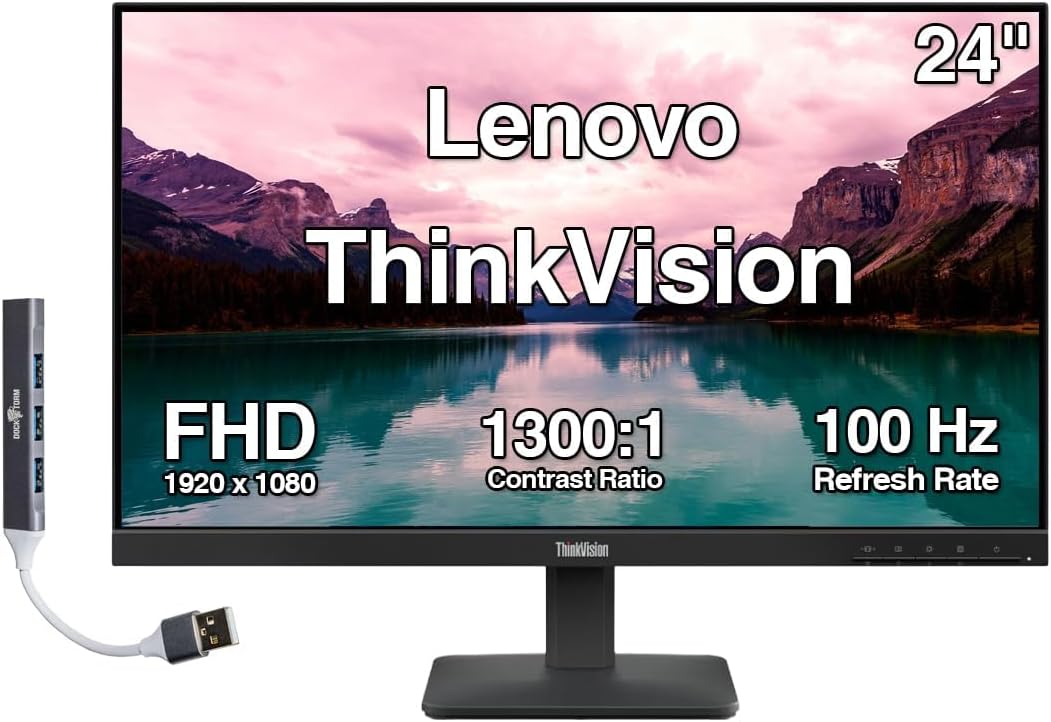 Lenovo ThinkVision 24' FHD IPS Monitor w/ 4ms Response Time, 100 Hz Refresh Rate, Flicker Free, Anti-Glare, VESA Mount (100mm), HDMI & DKZ USB Port Expander, Black