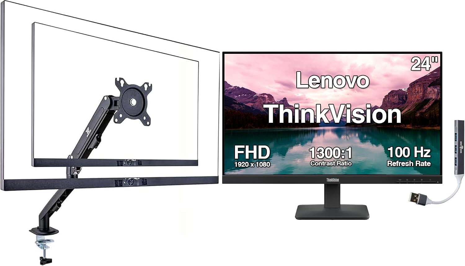 Lenovo ThinkVision 24' FHD IPS Monitor w/ 4ms Response Time, 100 Hz Refresh Rate, VESA Mount (100mm), Flicker Free, HDMI, Black w/DKZ Hub & ErgoFlexy Single Mount Arm