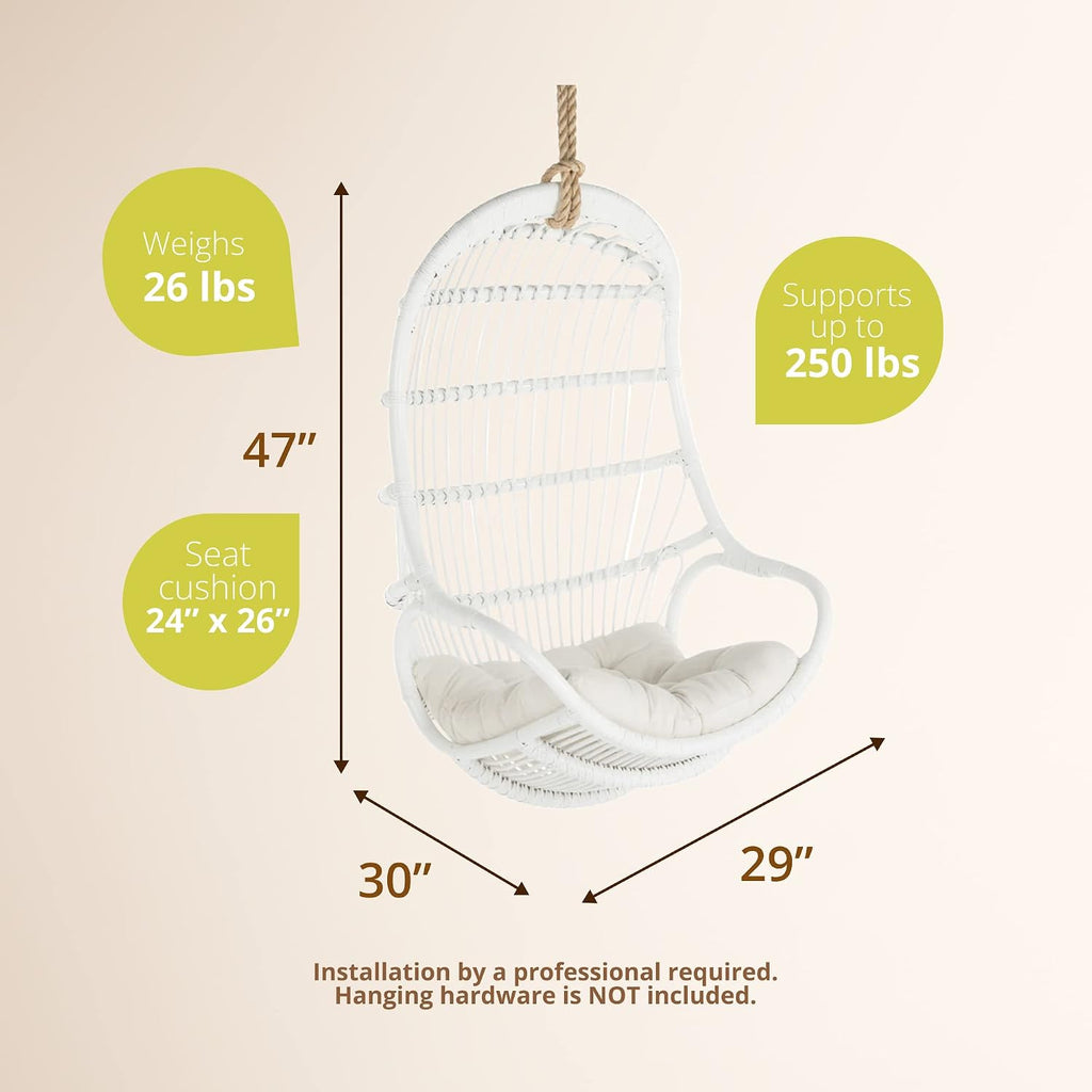 KOUBOO Hanging Rattan Swing Chair with Seat Cushion, Handwoven Natural Rattan Chair, Coastal Home Decor Furniture for Bedroom, Living Room, & Sun Room, White