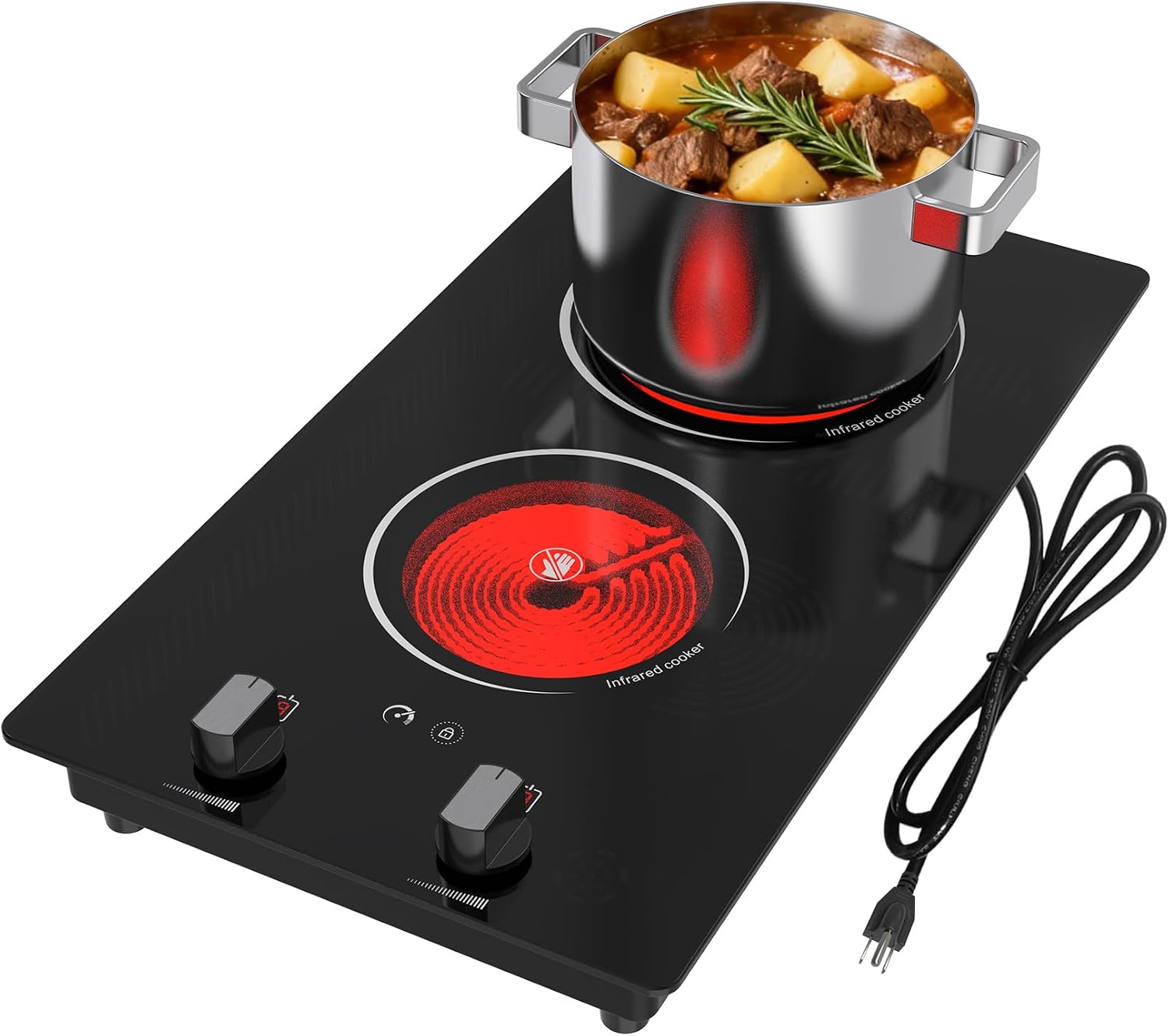 2 Burner Electric Cooktop - 12' Infrared Electric Stove Top with Knob Control, Countertop & Built-in, 2100W Ceramic Electric Hot Plate with 9 Power Levels, Child Lock, Timer, Residual Heat Warning