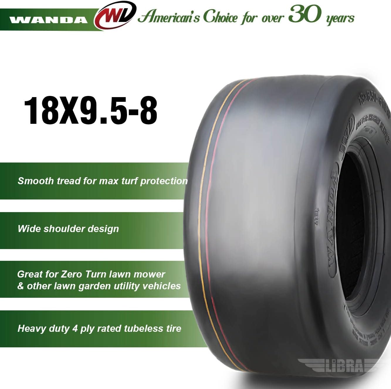 WANDA Set 2 18x9.5-8 Smooth Lawn Mower Utility Cart Turf Tires 18x9.5x8 /4 ply - 13210