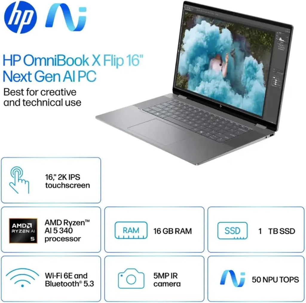 HP Envy OmniBook X Flip 2-in-1 Laptop 16' FHD+ Touch, Copilot+ PC, AMD Ryzen AI 5 340 (8-Core), 16GB RAM, 1TB SSD, AMD Radeon 840M, 21H Battery, Win 11, Meteor Silver, W/Wireless Mouse