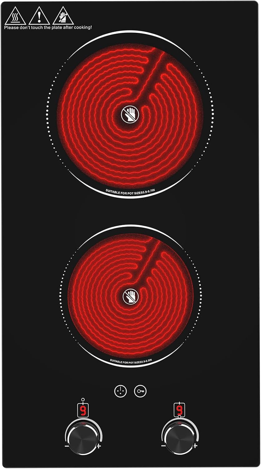 2100W Electric Cooktop 2 Burner: Electric Stove 110v-120v Hot Plate, Knob Control Countertop & Built-in Ceramic Cooktop 9 Power Levels, Child Lock, Timer, Suitable for all Pans