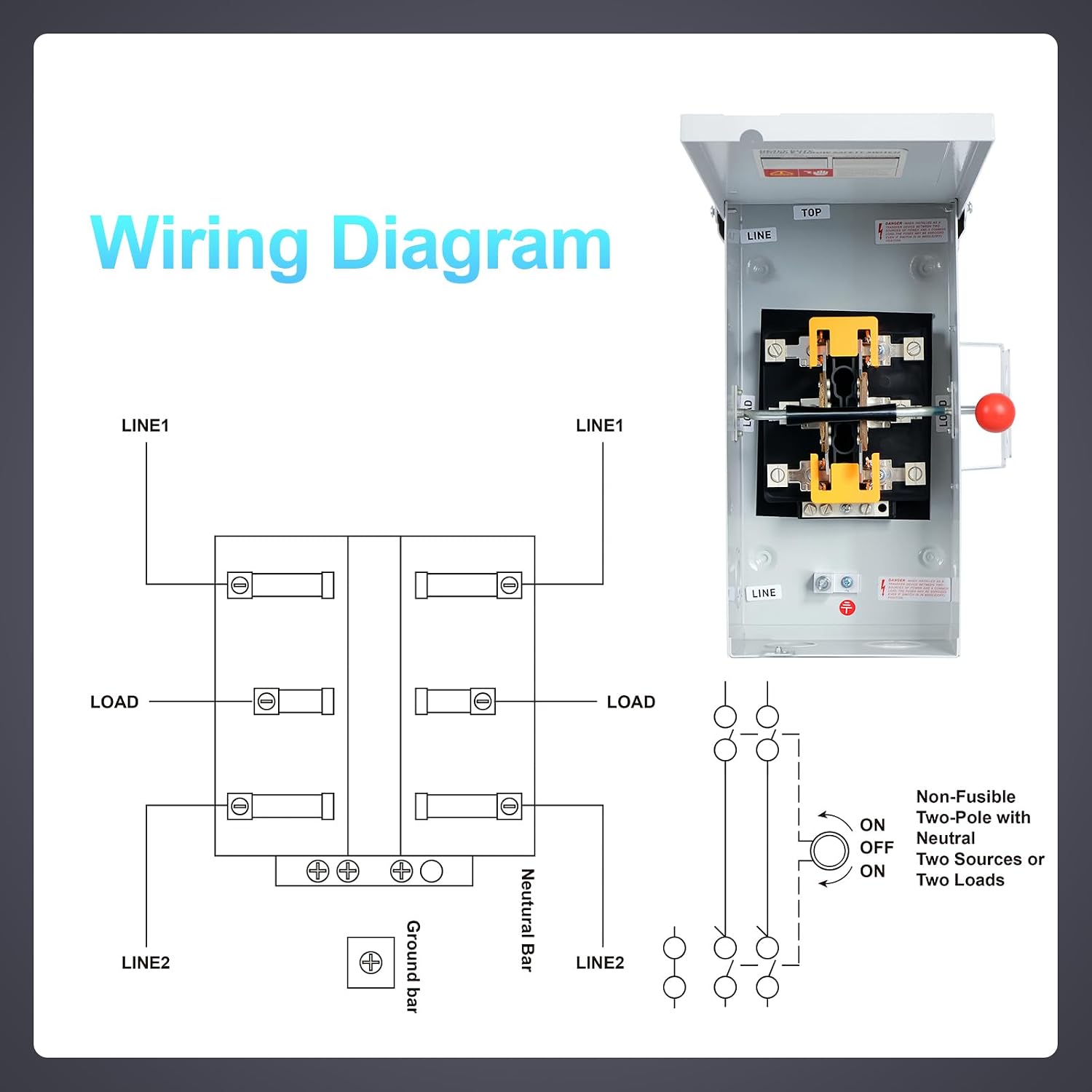 100A Generator Transfer Switch, 12000/24000/45000W General-Duty Double-Throw Safety Switch, 120/240/450V Manual Transfer Switch with Arc Extinguishing Cover, NEMA 3R Standards for Indoor/Outdoor Use