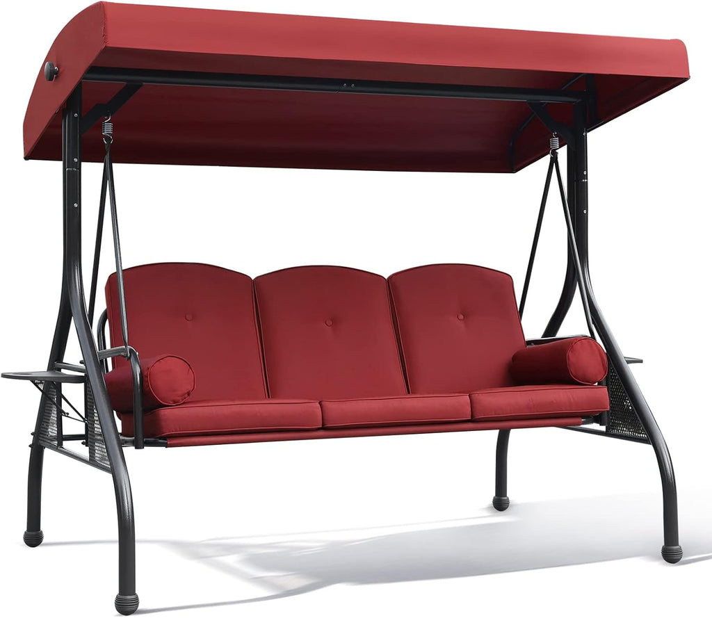 NOBLEMOOD Patio Porch Swing, 3-Seat Outdoor Swing with Adjustable Canopy, Waterproof Fabric Cushion, Pillow and Foldable Side Tray for Patio, Backyard, Porch Swing Bed for Spring