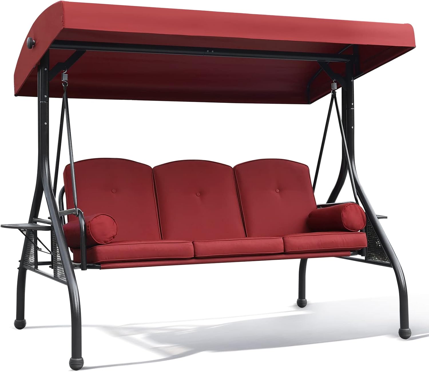 NOBLEMOOD Patio Porch Swing, 3-Seat Outdoor Swing with Adjustable Canopy, Waterproof Fabric Cushion, Pillow and Foldable Side Tray for Patio, Backyard, Porch Swing Bed for Spring