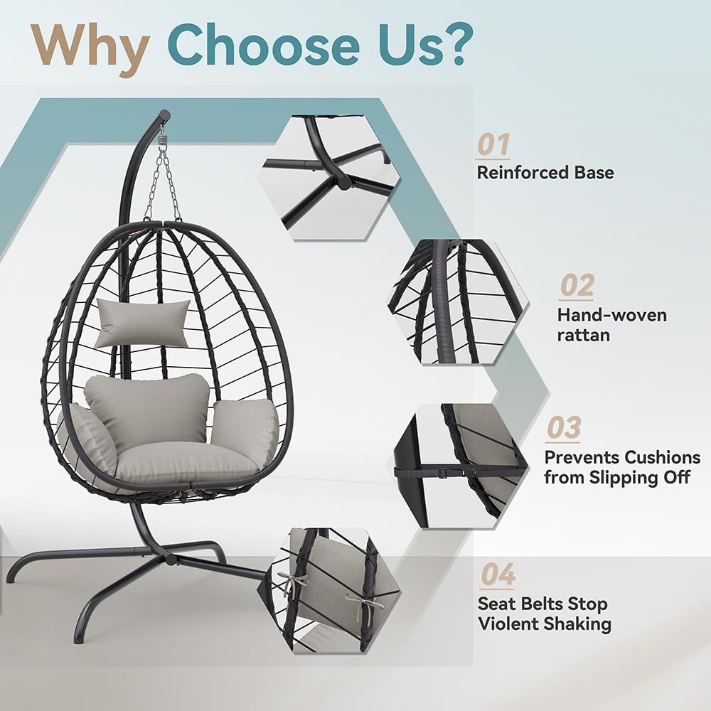 Kurapika Egg Swing Chair Indoor Outdoor Patio Wicker Rattan Hanging Egg Chair with Stand, Hammock Swing with Cushioned Headrest, 350LB Capacity for Bedroom, Balcony, Garden (Beige)