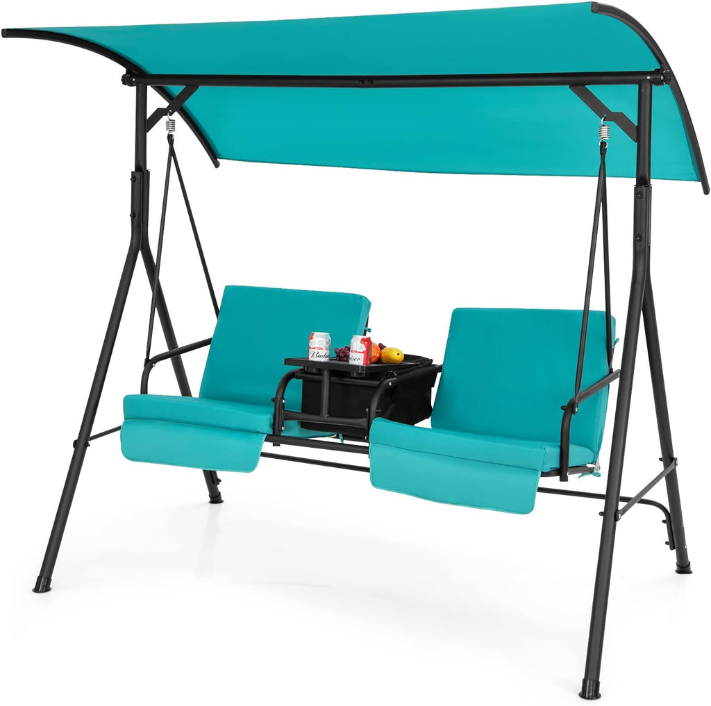 Tangkula 2 Person Porch Swing, Pivot Storage Table, Cooler Bag, 2 Cup Holders, Removable Cushions, Outdoor Patio Swing with Canopy for Backyard Balcony Poolside (Turquoise)